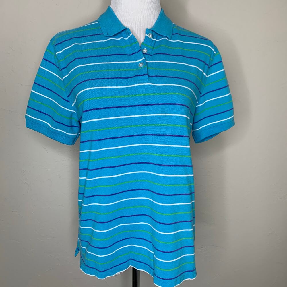90s Turquoise Stripe Crop Polo Shirt Large
